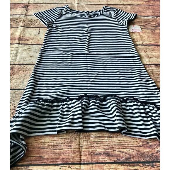 Faded Glory Girls T-Shirt Dress White Black Stripe Ruffle Stretch Scoop M New - Picture 1 of 6